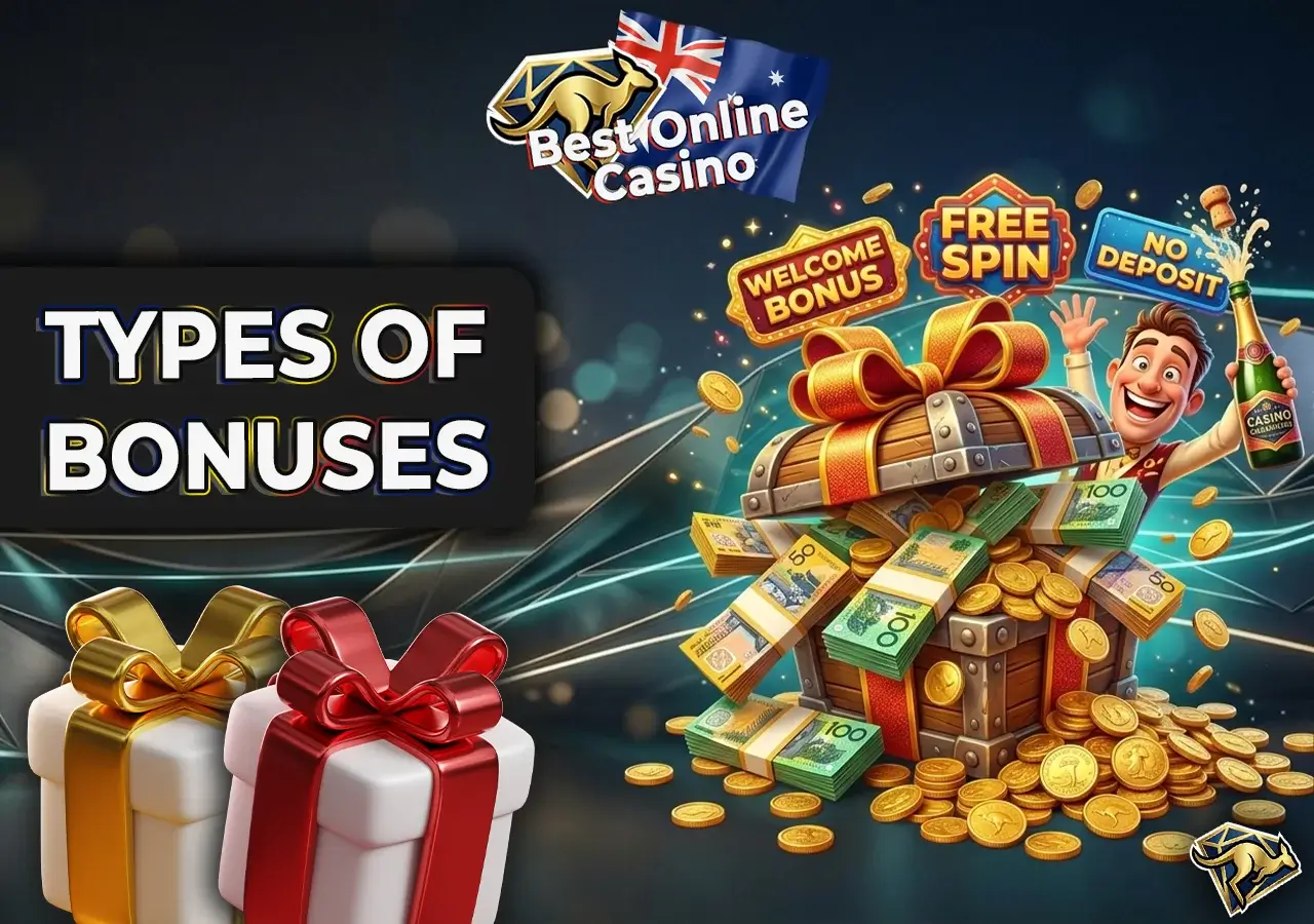 Overflowing golden treasure chest with gift boxes and a welcome offer sign.