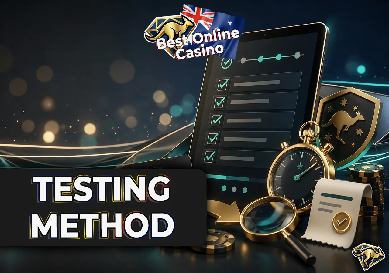 Casino testing method for voucher casinos with checklist, timer and payout details